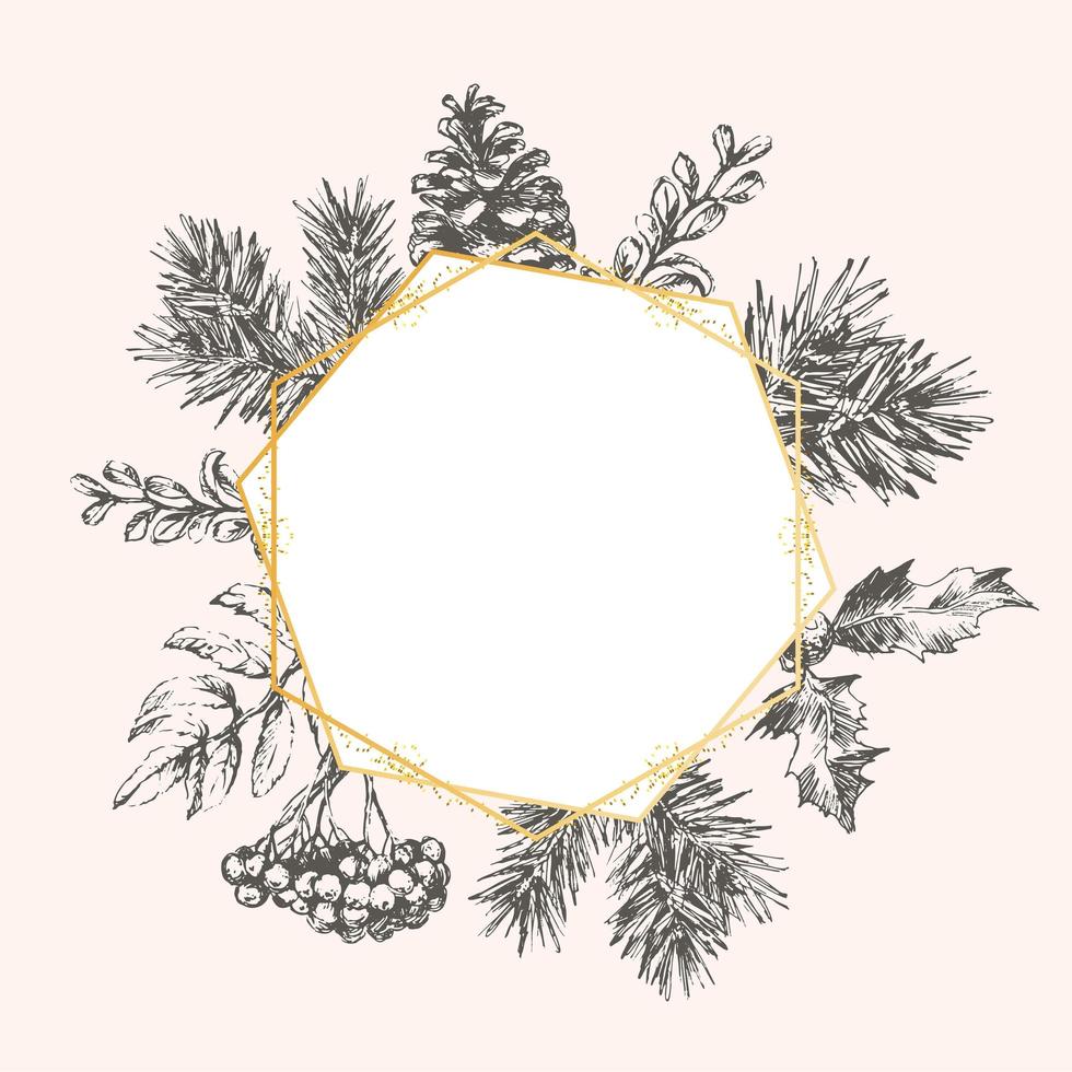 Hand drawn Christmas and New Year invitation card. Hand drawn vector illustration of retro wreath on light background. Winter holiday collection