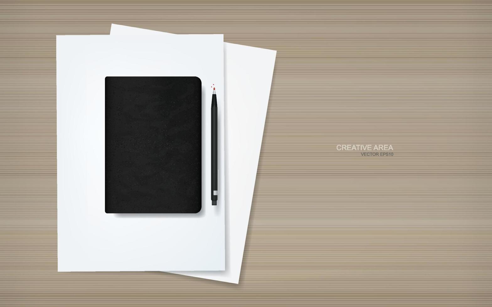 Cuaderno y lápiz sobre hoja de papel blanco con fondo de madera. ilustración vectorial. vector