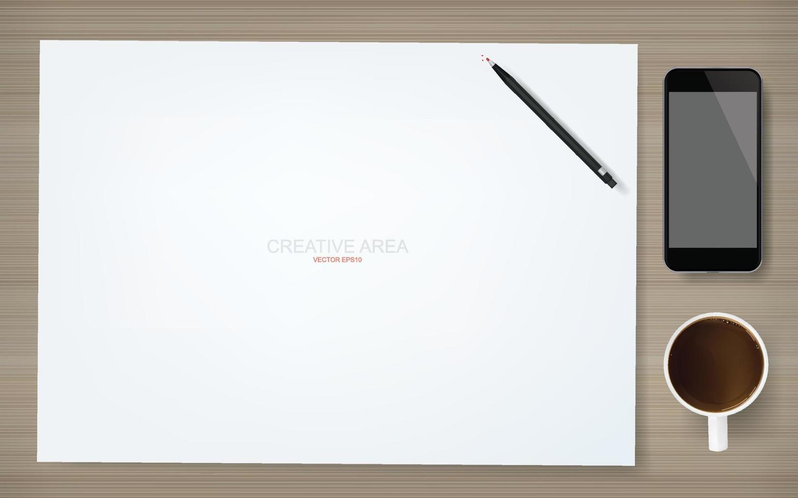 Empty white paper sheet for creative area with a cup of coffee, notebook and pencil on wood background. Vector abstract background of working space.
