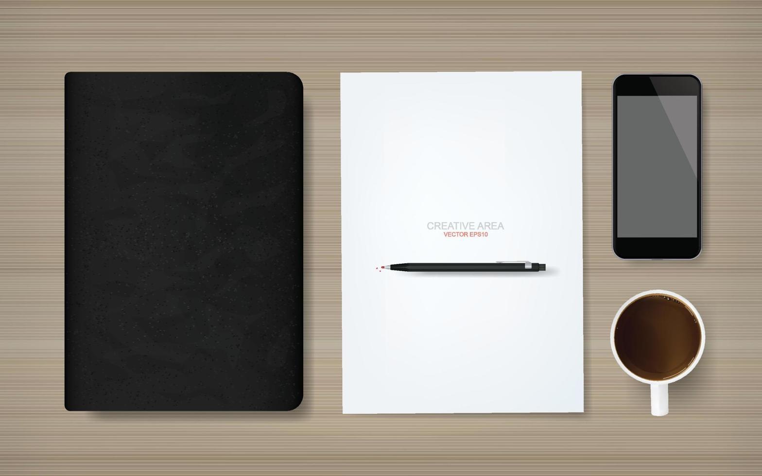 Business background of white paper sheet, notebook, smartphone, coffee cup and pencil on wood background. Vector illustration.