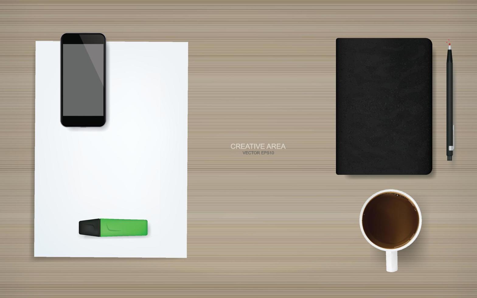 Business background of white paper sheet, notebook, smartphone, coffee cup and pencil on wood background. Vector illustration.