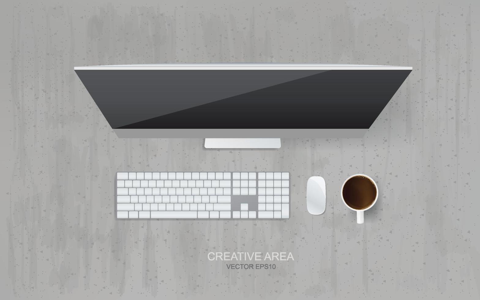 Top view of computer in working space area and concrete background. Vector. vector