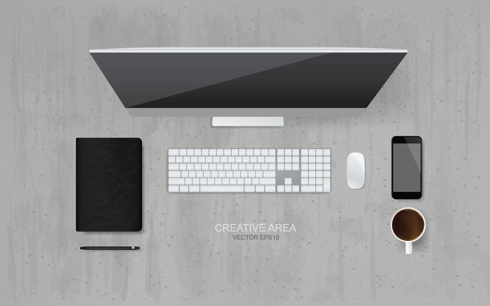 Top view of computer with office object set in working space area and concrete background. Vector. vector