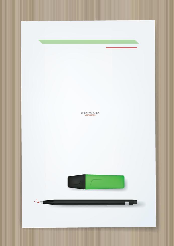 White paper sheet background and black metallic pencil on wood. Vector. vector