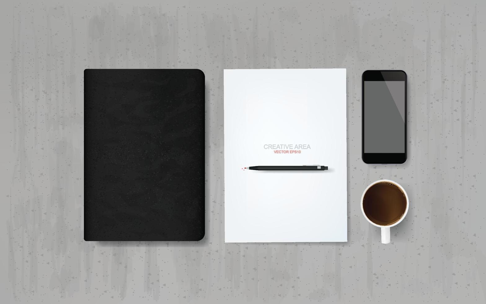 Black notebook and office object background on concrete texture. Vector. vector