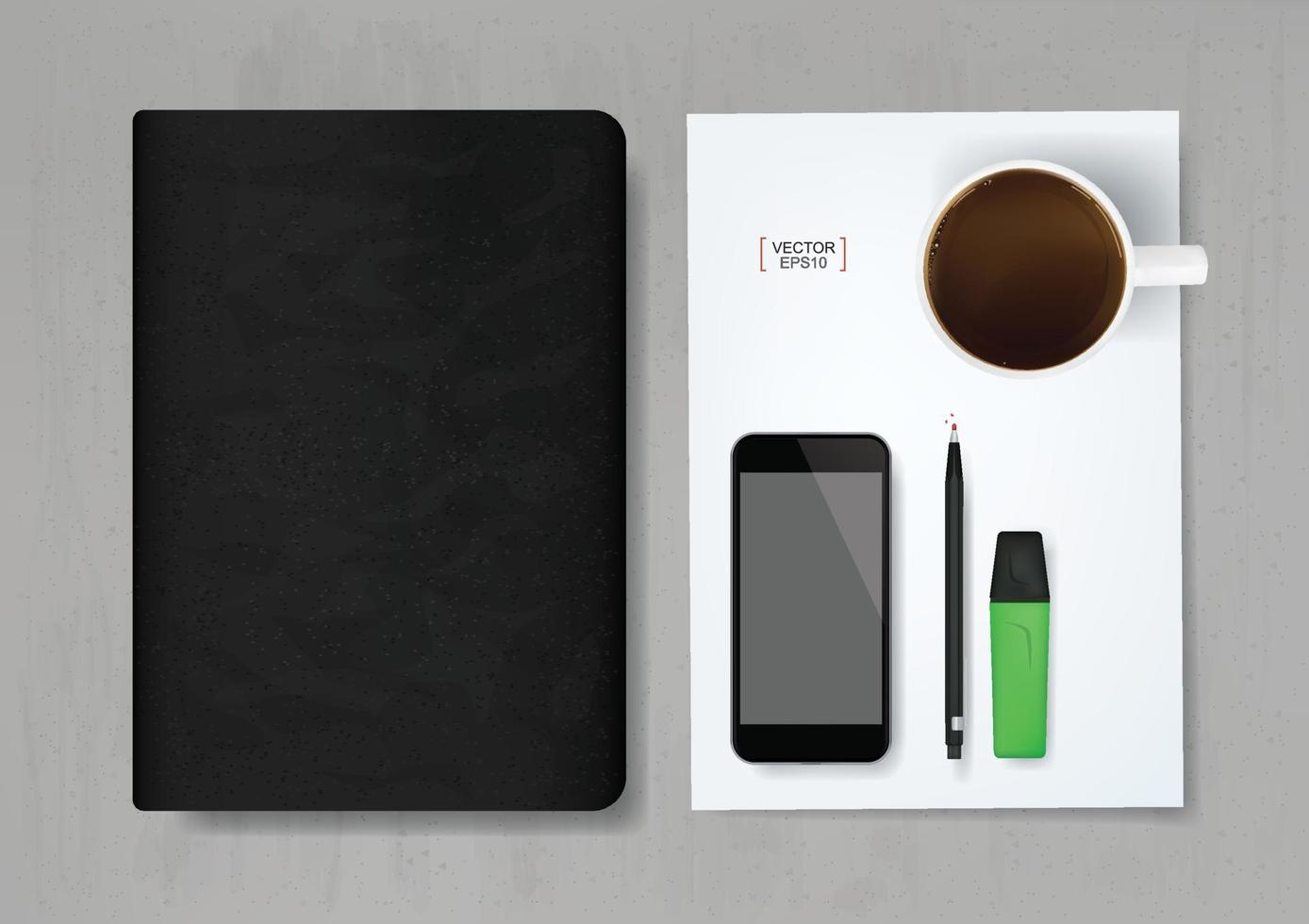 Black notebook and office object background on concrete texture. Vector. vector