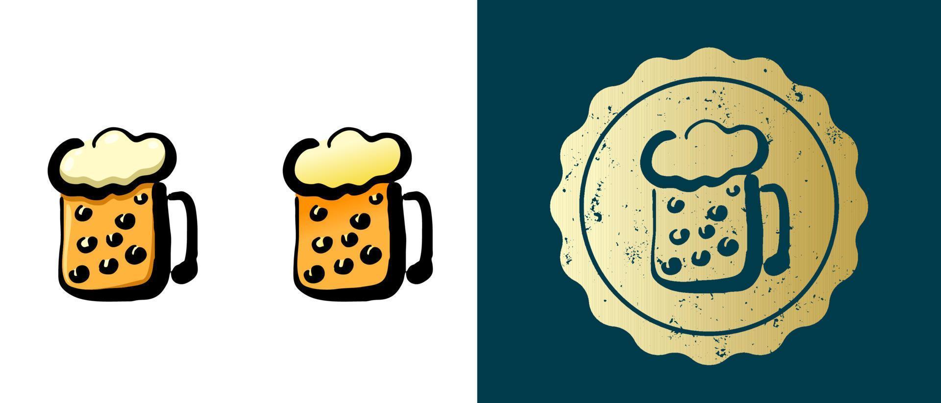 este es un conjunto de iconos de jarras de cerveza retro, contornos y degradados. esta es una etiqueta de oro, una etiqueta de jarra de cerveza. solución elegante para el diseño de envases y sitios web. sello de oro grunge redondo. vector