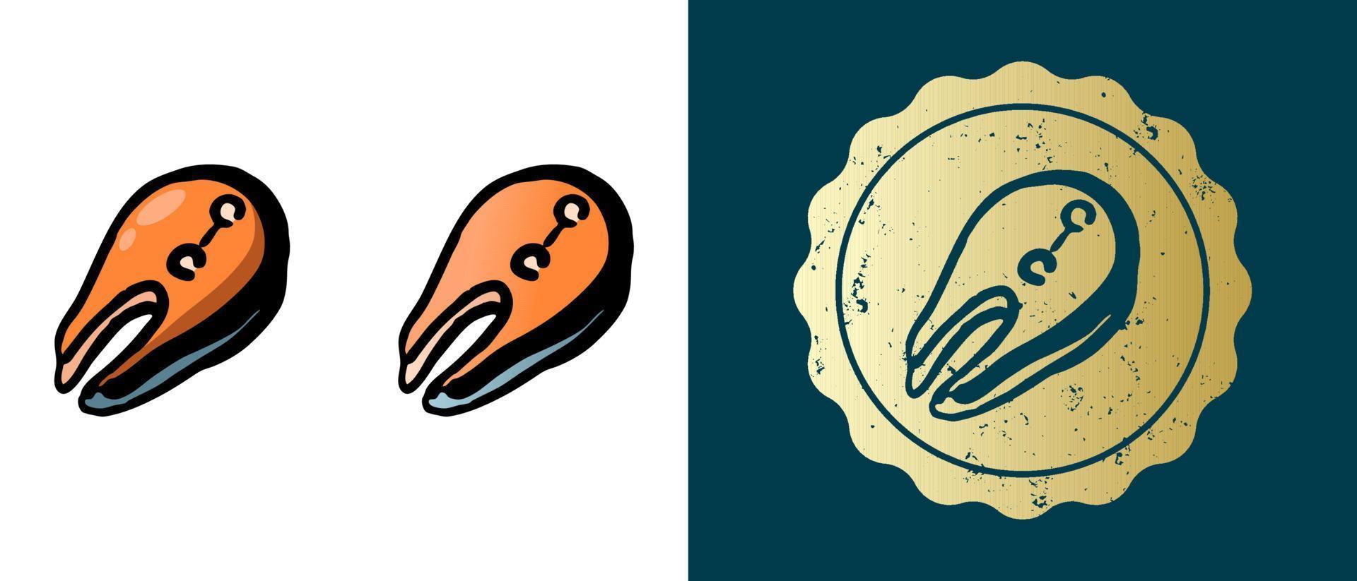 Este es un conjunto de iconos de filete de pescado degradados, contornos y retro. esta es una etiqueta dorada, la etiqueta de filete de salmón. solución elegante para el diseño de envases y sitios web. sello de oro grunge redondo. vector
