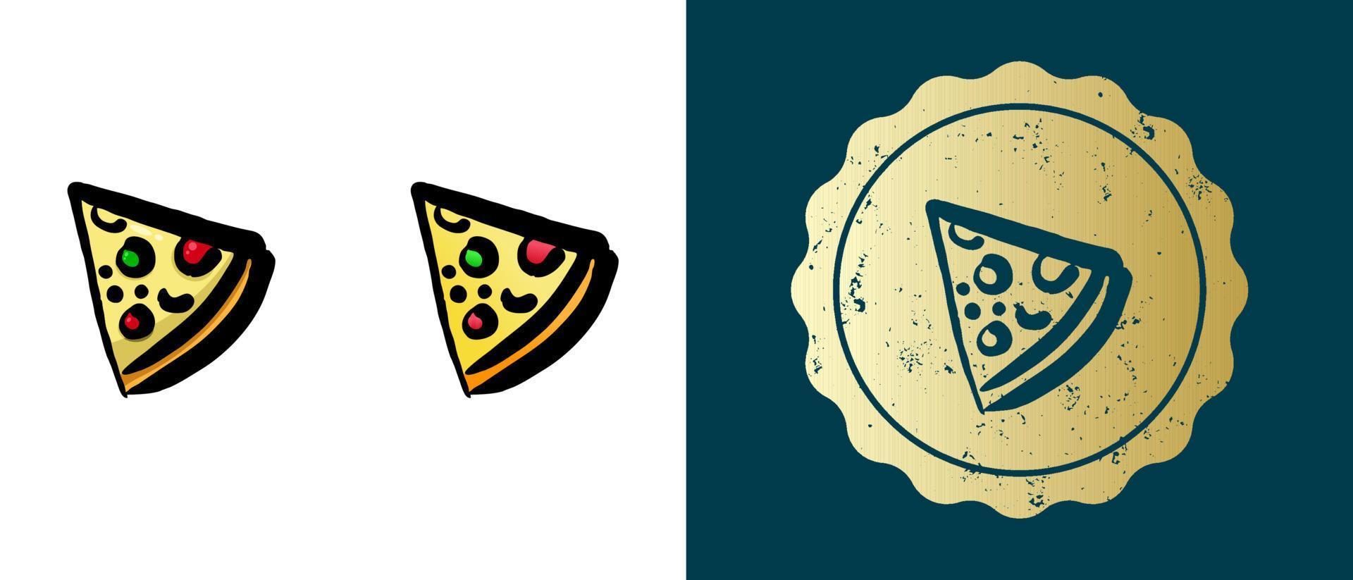 This is a set of retro, contour, gradient icons of a slice of pizza. This is a gold sticker, a label for a slice of pizza. Stylish solution for packaging and website design. Round grunge gold stamp. vector