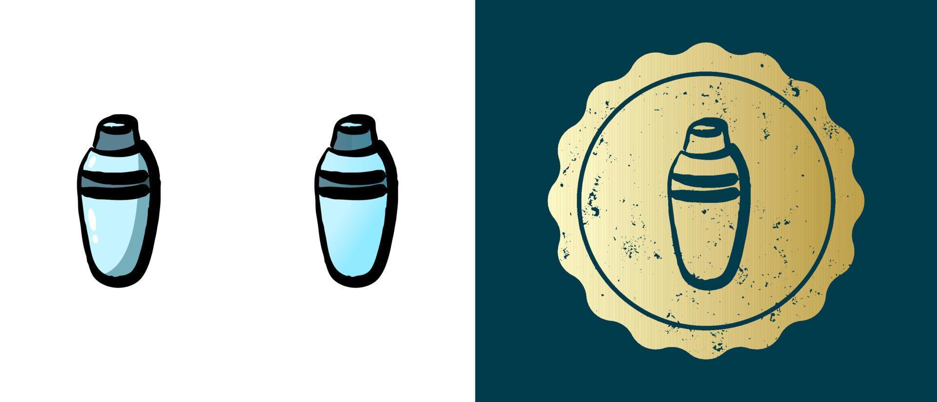 Este es un conjunto de iconos de agitador de degradado, contornos y retro. esta es una etiqueta de oro, etiqueta de coctelera. solución elegante para el diseño de envases y sitios web. sello de oro grunge redondo. vector