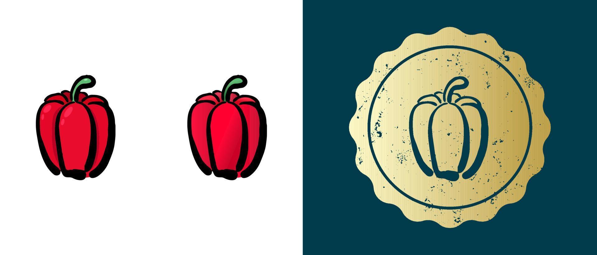 Este es un conjunto de iconos de degradado, contorno y retro de pimiento. esta es una etiqueta dorada, etiqueta de pimiento dulce. solución elegante para el diseño de envases y sitios web. sello de oro grunge redondo. vector