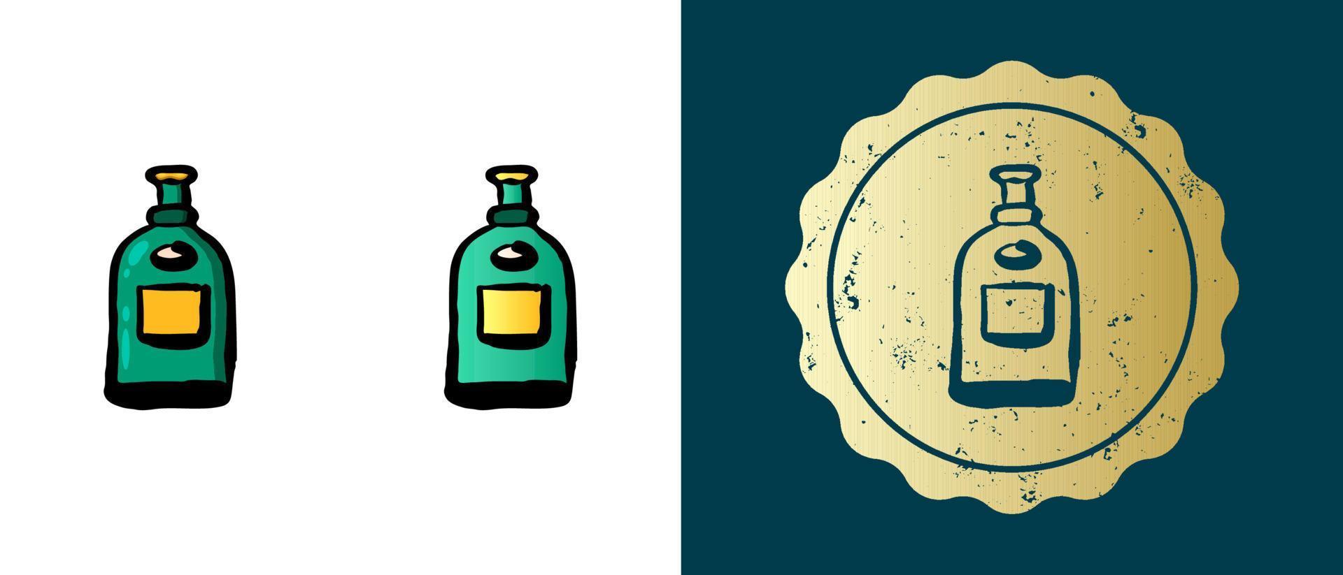 Este es un conjunto de iconos de botellas de whisky degradados, contornos y retro. esta es una pegatina dorada, una etiqueta de botella de whisky. solución elegante para el diseño de envases y sitios web. sello de oro grunge redondo. vector