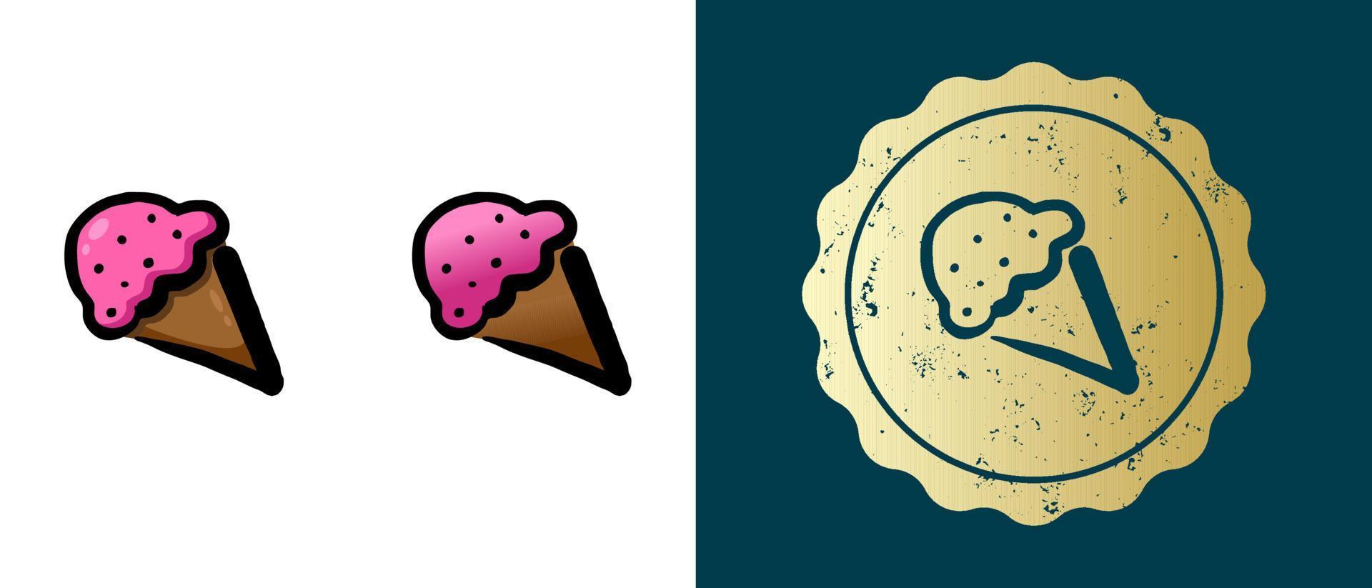 This is a set of retro, contour, gradient ice cream cone icons. This is a gold sticker, ice cream cone label. Stylish solution for packaging and website design. Round grunge gold stamp. vector