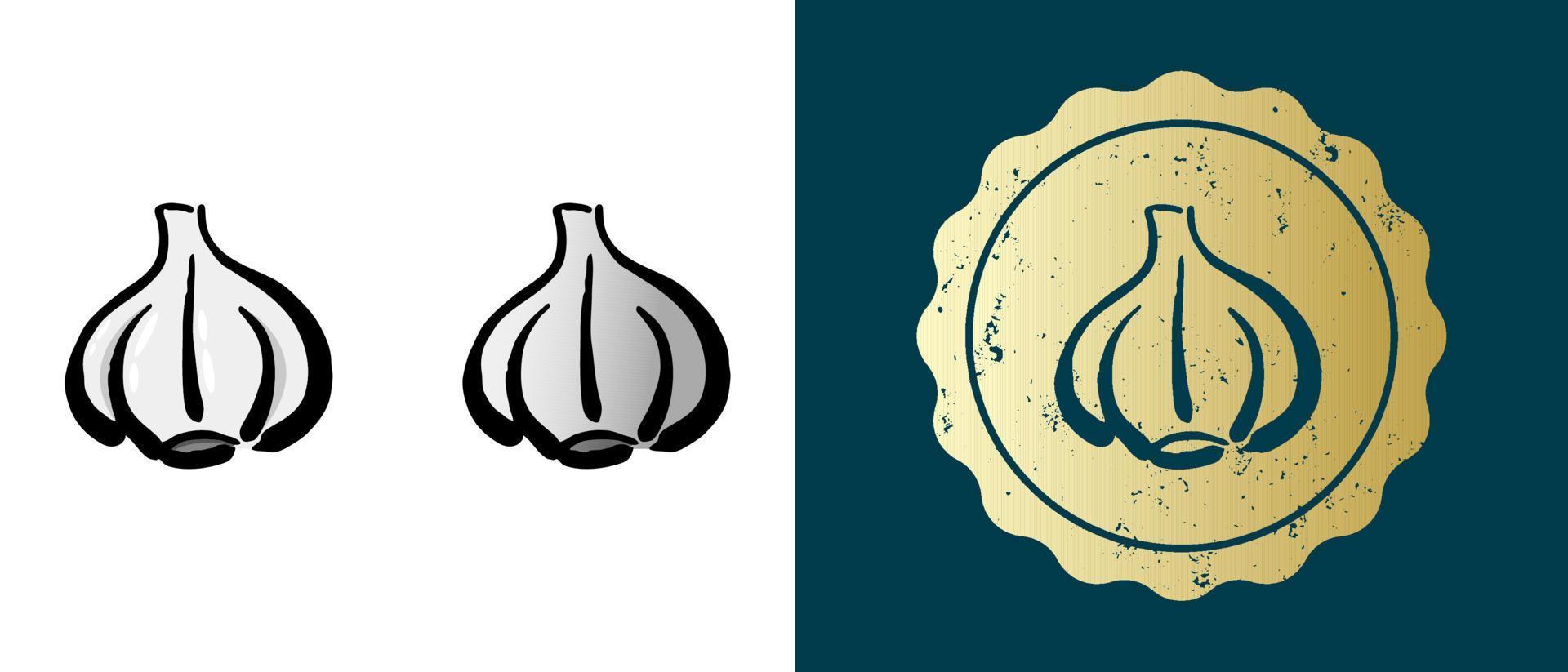 Este es un conjunto de iconos de ajo, contornos y degradados retro. esta es una etiqueta dorada, etiqueta de ajo. solución elegante para el diseño de envases y sitios web. sello de oro grunge redondo. vector