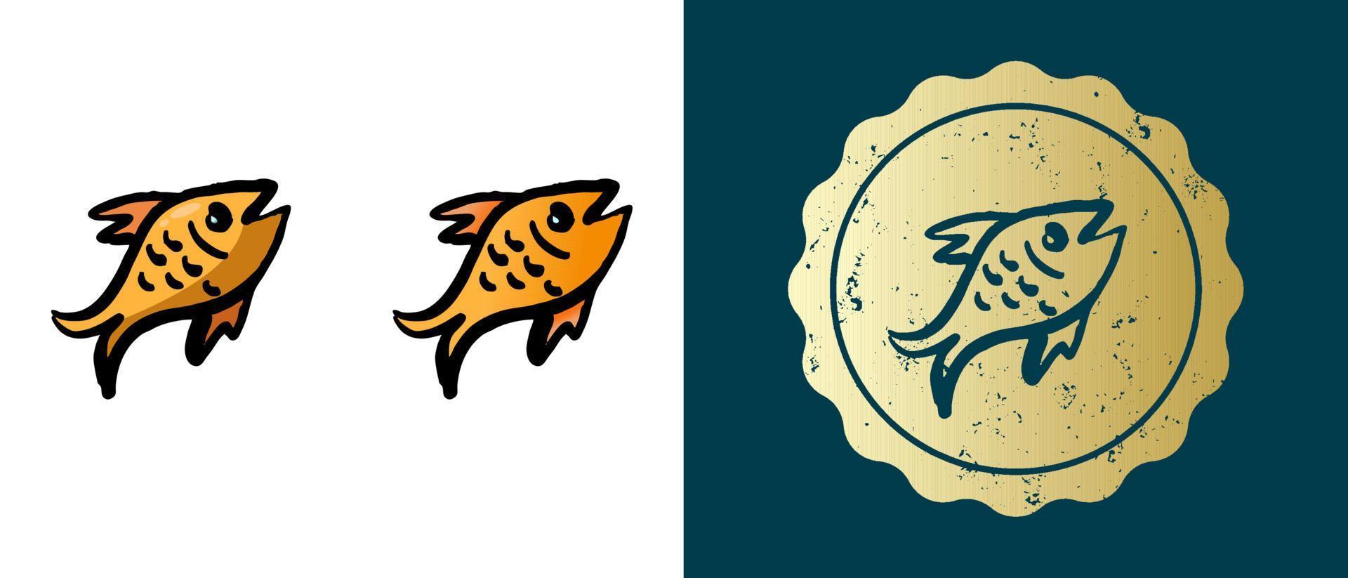 Este es un conjunto de iconos de pescado frito retro, contornos y degradados. esta es una etiqueta dorada, una etiqueta de pescado frito. solución elegante para el diseño de envases y sitios web. sello de oro grunge redondo. vector