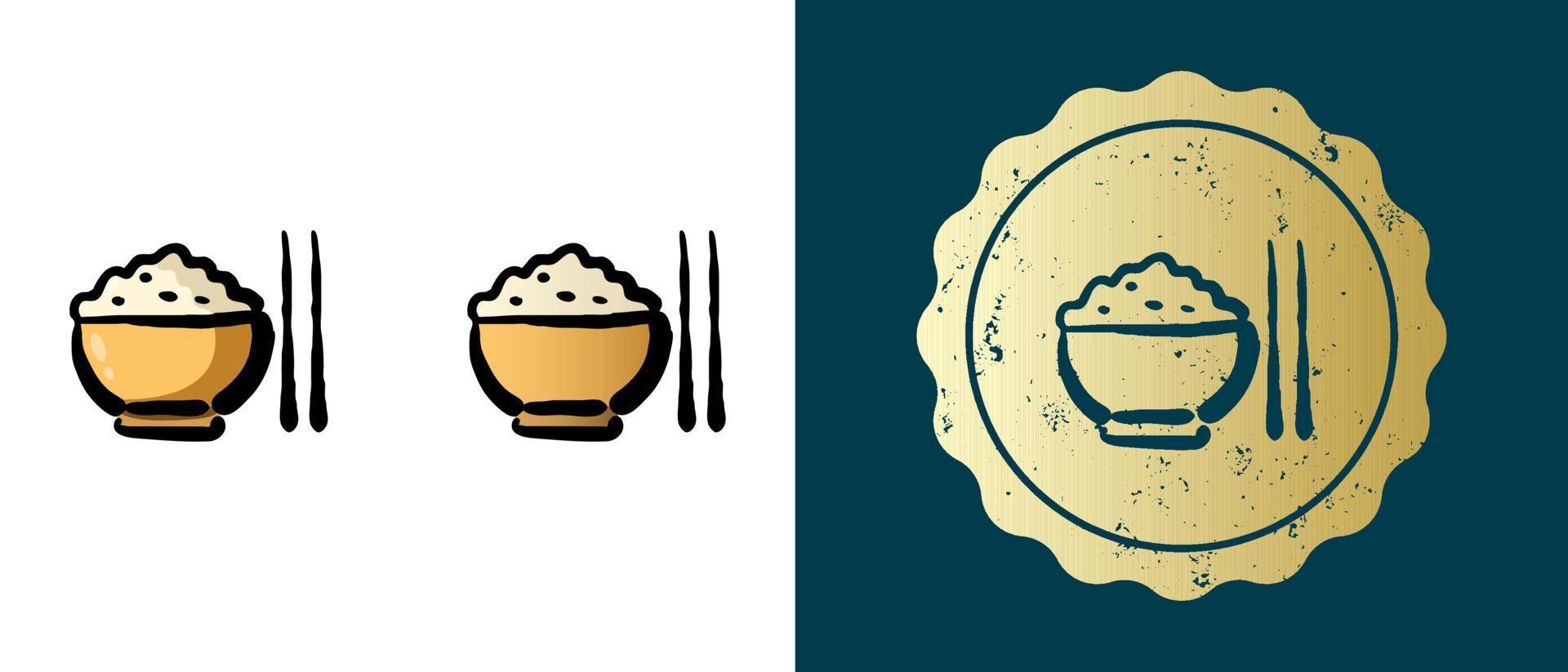 este es un conjunto de iconos de degradado, contorno, retro de arroz hervido. esta es una pegatina dorada, una etiqueta de una taza de arroz y palillos. solución elegante para el diseño de envases y sitios web. sello de oro grunge redondo vector