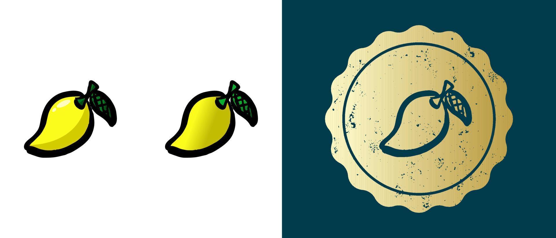 Este es un conjunto de iconos de mango amarillo degradado, de contorno y retro. esta es una pegatina dorada, una etiqueta de mango amarillo. solución elegante para el diseño de envases y sitios web. sello de oro grunge redondo. vector