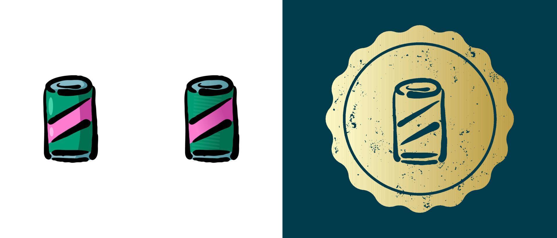 This is a set of retro, contour, gradient icons of lemonade cans. This is a gold sticker, the soda can label. Stylish solution for packaging and website design. Round grunge gold stamp. vector