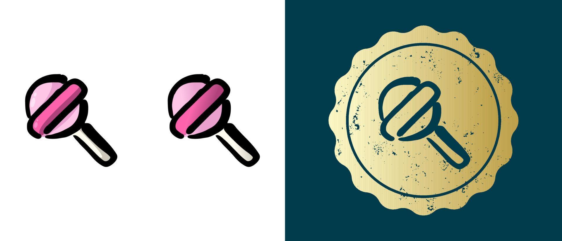 Este es un conjunto de iconos de piruletas degradados, de contorno y retro. esta es una etiqueta dorada, etiqueta de piruleta. solución elegante para el diseño de envases y sitios web. sello de oro grunge redondo. vector