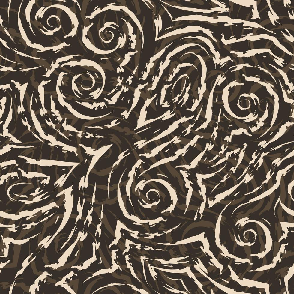 Vector beige seamless pattern drawn with a brush for decor on a brown background.Smooth lines with torn edges in the form of spirals of corners and loops