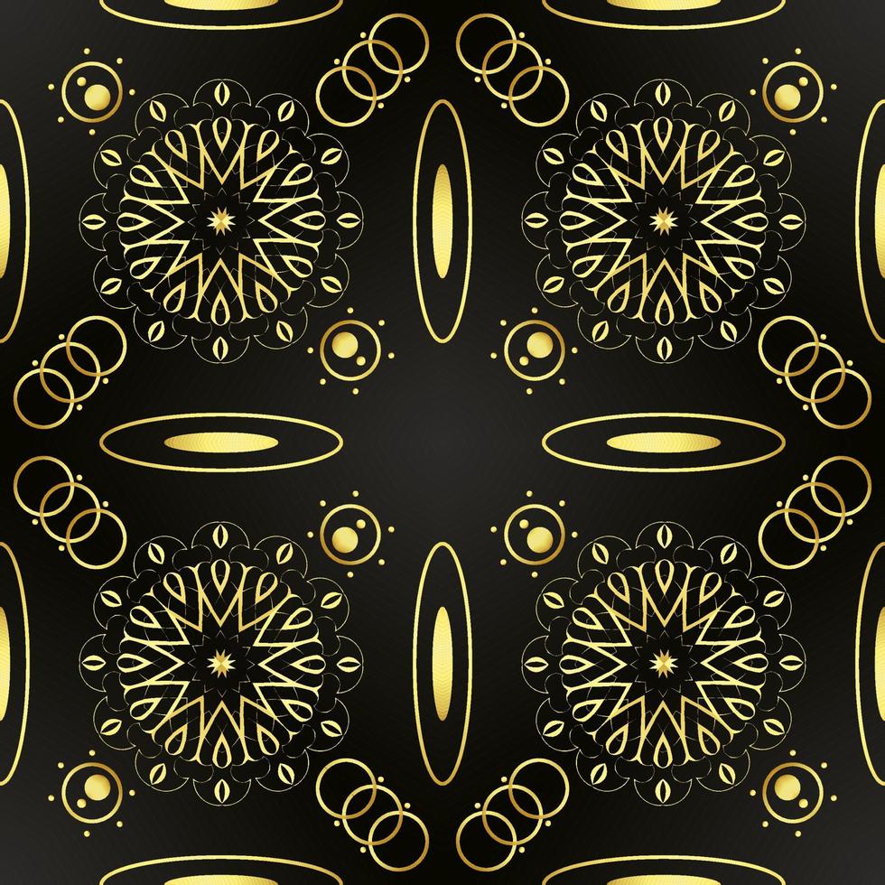 It is a dark astronomical texture with golden mandalas vector