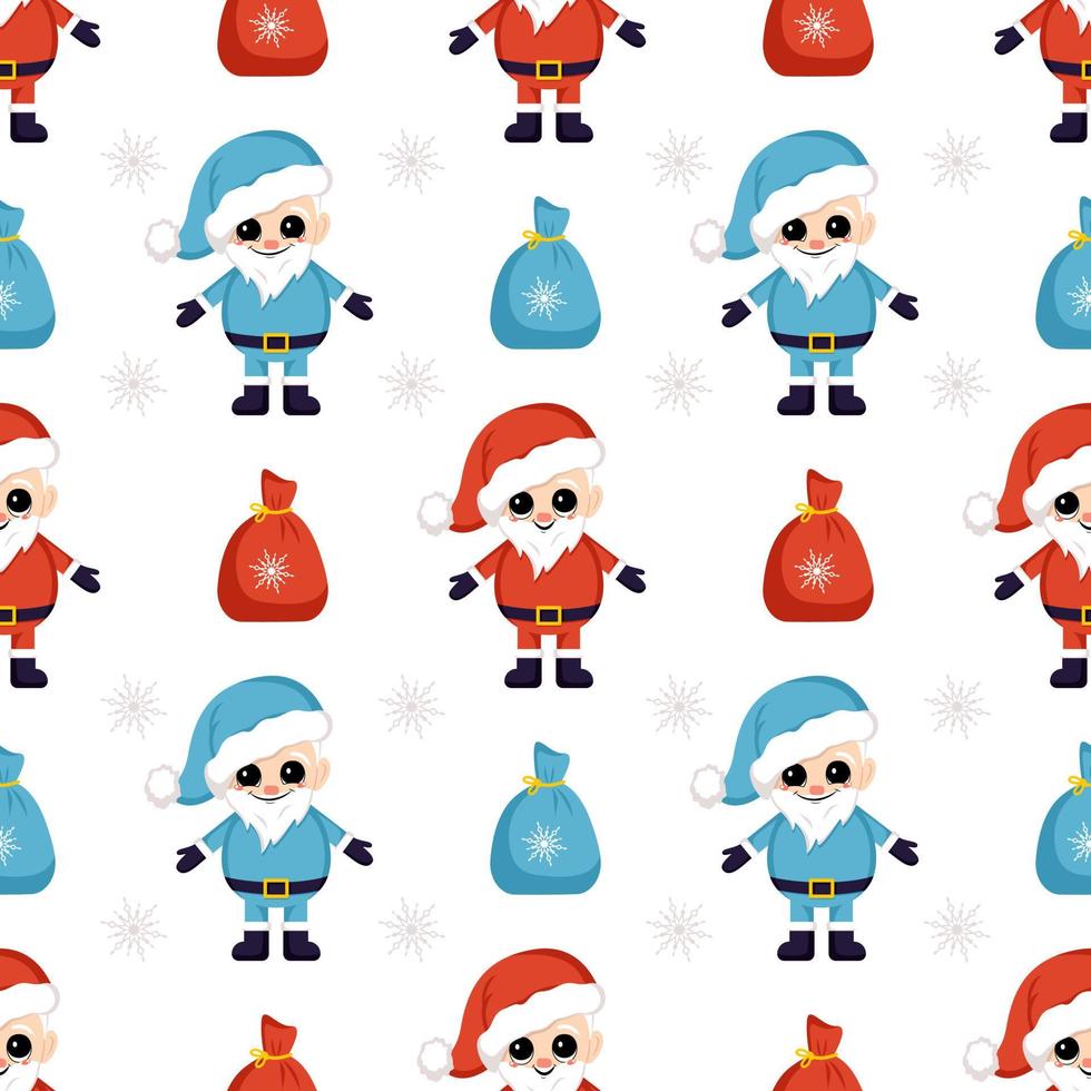 Seamless Christmas pattern with blue and red Santa Claus, bag with presents and snowflakes. Bright print for New Year and winter holiday, wrapping paper, textiles and designs. vector