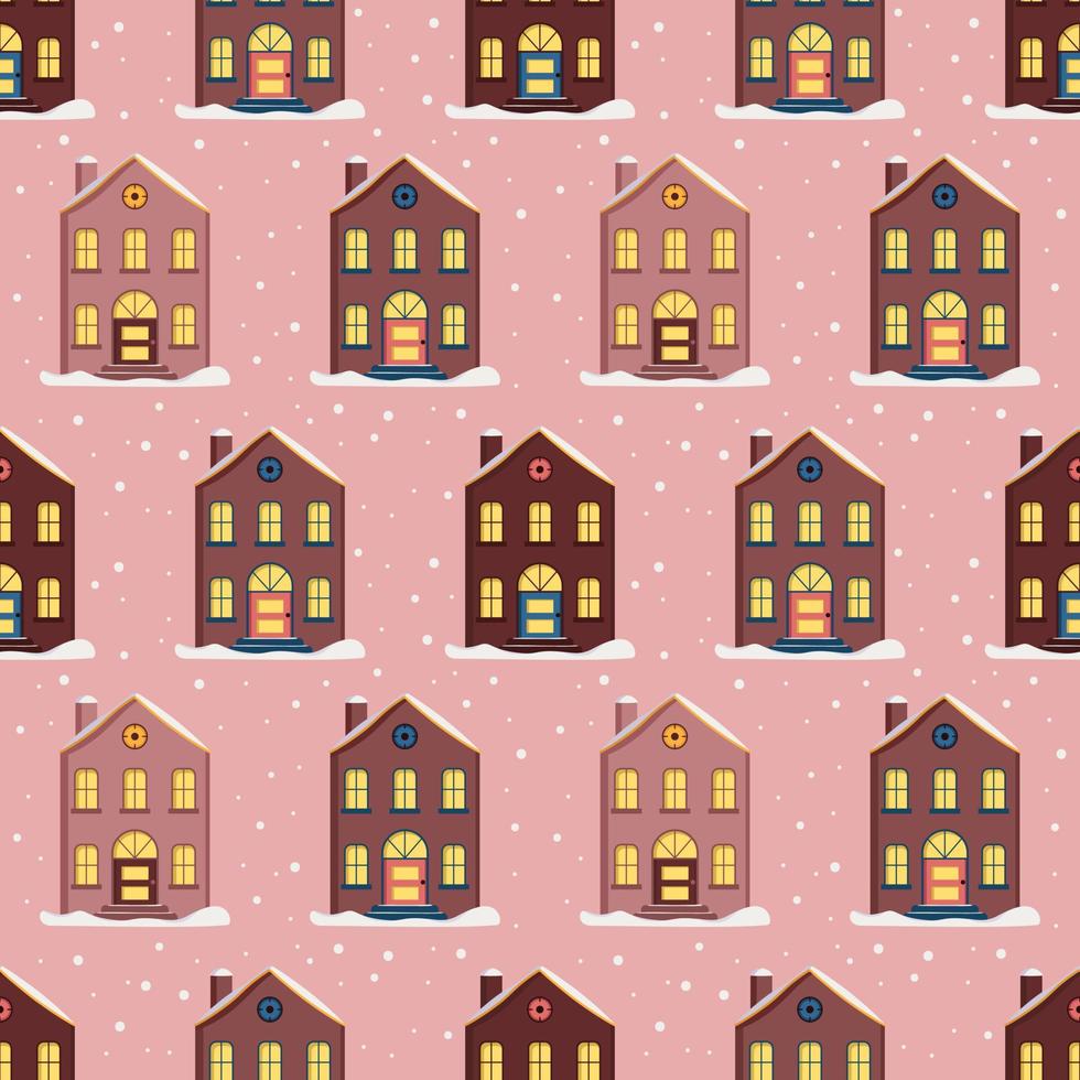 patrón sin fisuras con casas festivas de Navidad y nieve sobre fondo rosa. impresión brillante para año nuevo y vacaciones de invierno para papel de regalo, textiles y diseño vector