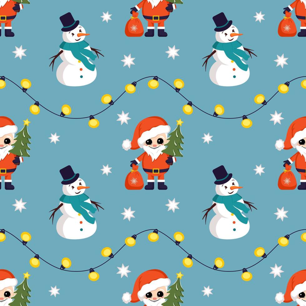 patrón de Navidad sin fisuras con muñecos de nieve, santa claus, copos de nieve y guirnaldas. impresión brillante para año nuevo y vacaciones de invierno, papel de regalo, textiles y diseños. vector