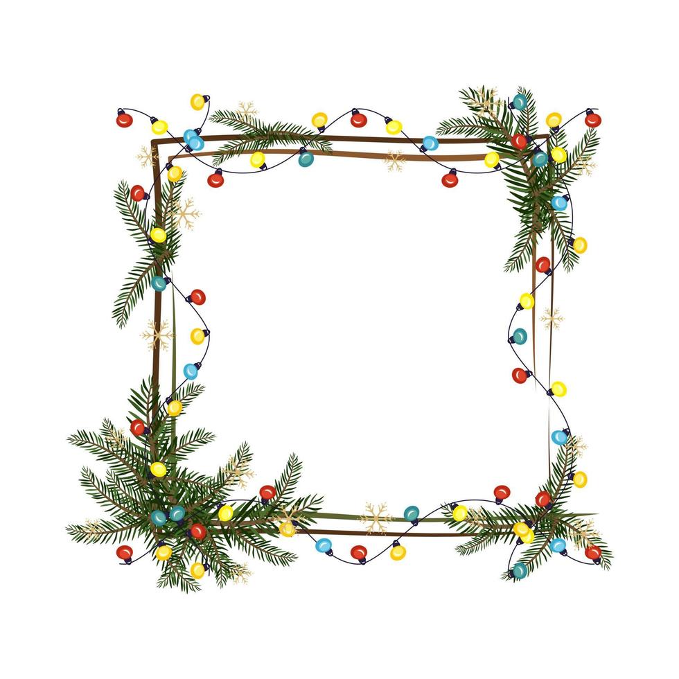 Christmas square frame made of fir branches with garland of colourful light bulbs and snowflake. Festive decoration for New Year and winter holiday vector