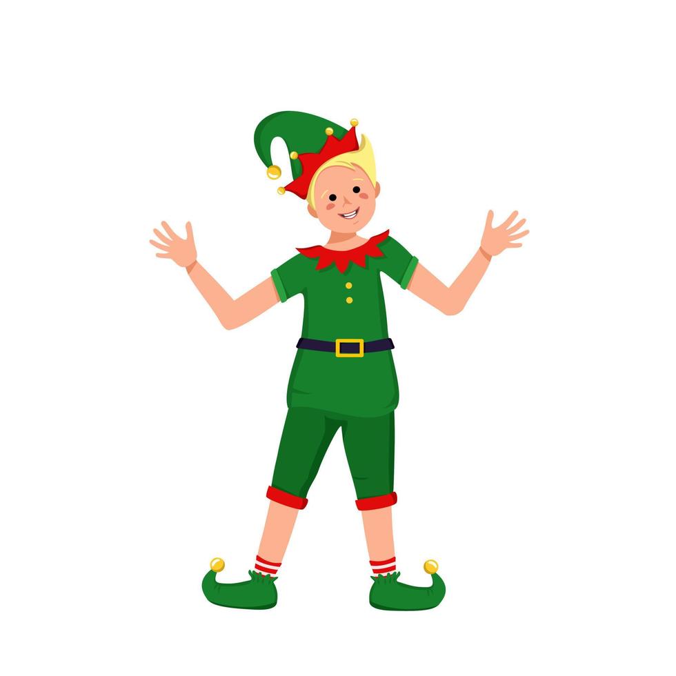 Cute boy with happy face and eyes in festive elf costume for Christmas, New Year or holiday vector