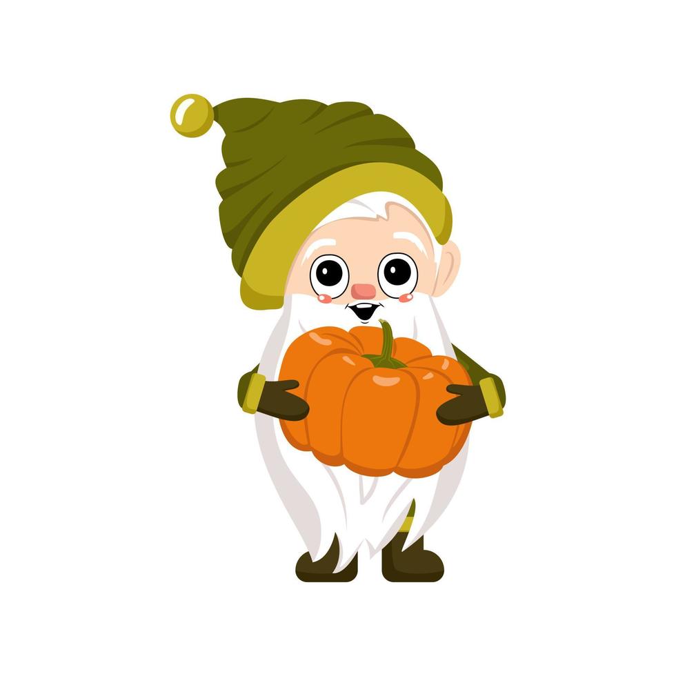 Little gnome with long white beard, cheerful face and pumpkin. Character for harvest festival, decorate house and garden vector