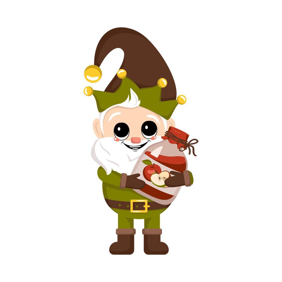 Little gnome with long white beard, cheerful face with jar of apple jam. Character for harvest autumn festival, Thanksgiving Day, decorate house and garden vector