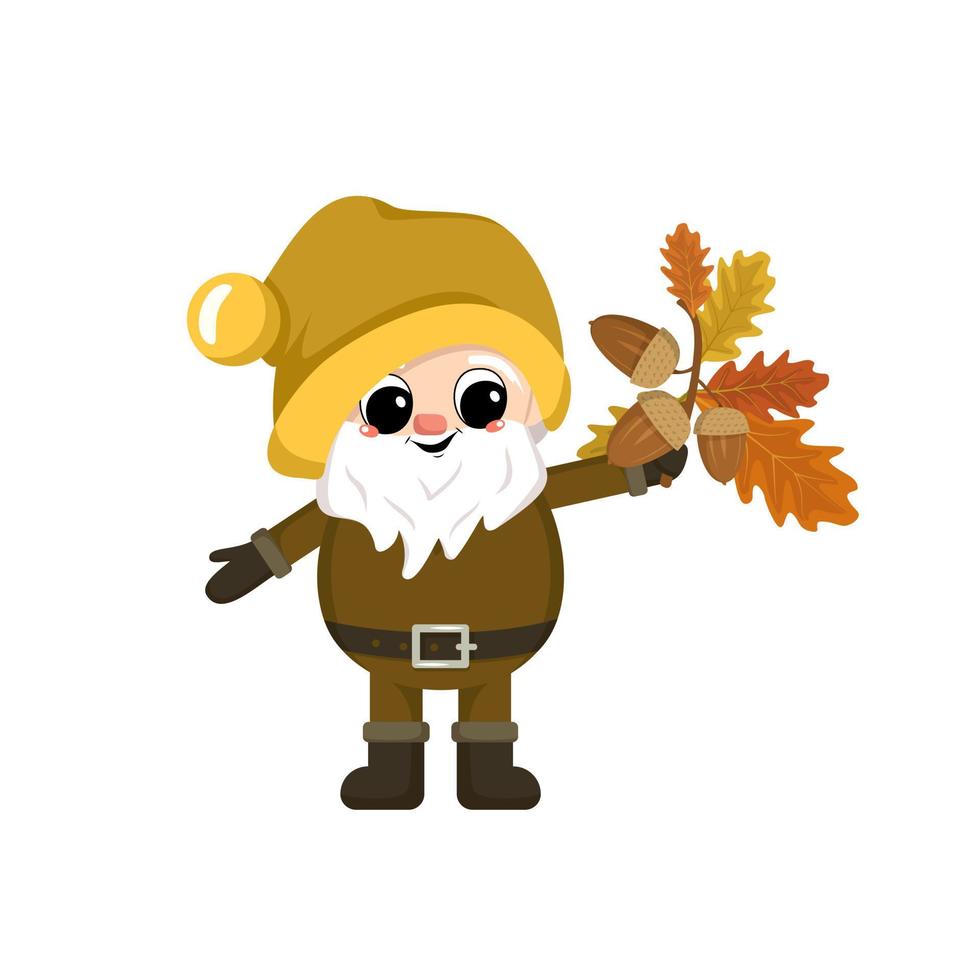 Little gnome with long white beard, cheerful face and acorn. Character for harvest autumn festival, Thanksgiving Day, decorate house and garden vector