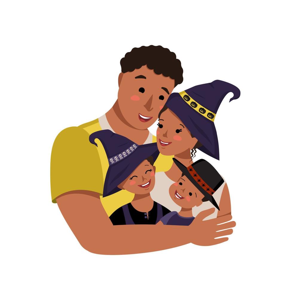 feliz familia afroamericana en disfraces de halloween. papá, mamá, hija e hijo con sombreros de bruja con calaveras, calabazas y arañas para el carnaval de otoño vector