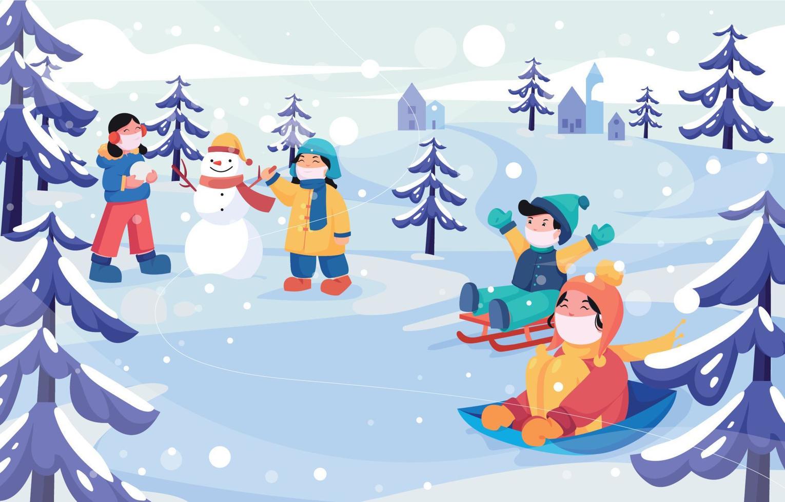 Kids Playing in Winter Wonderland vector