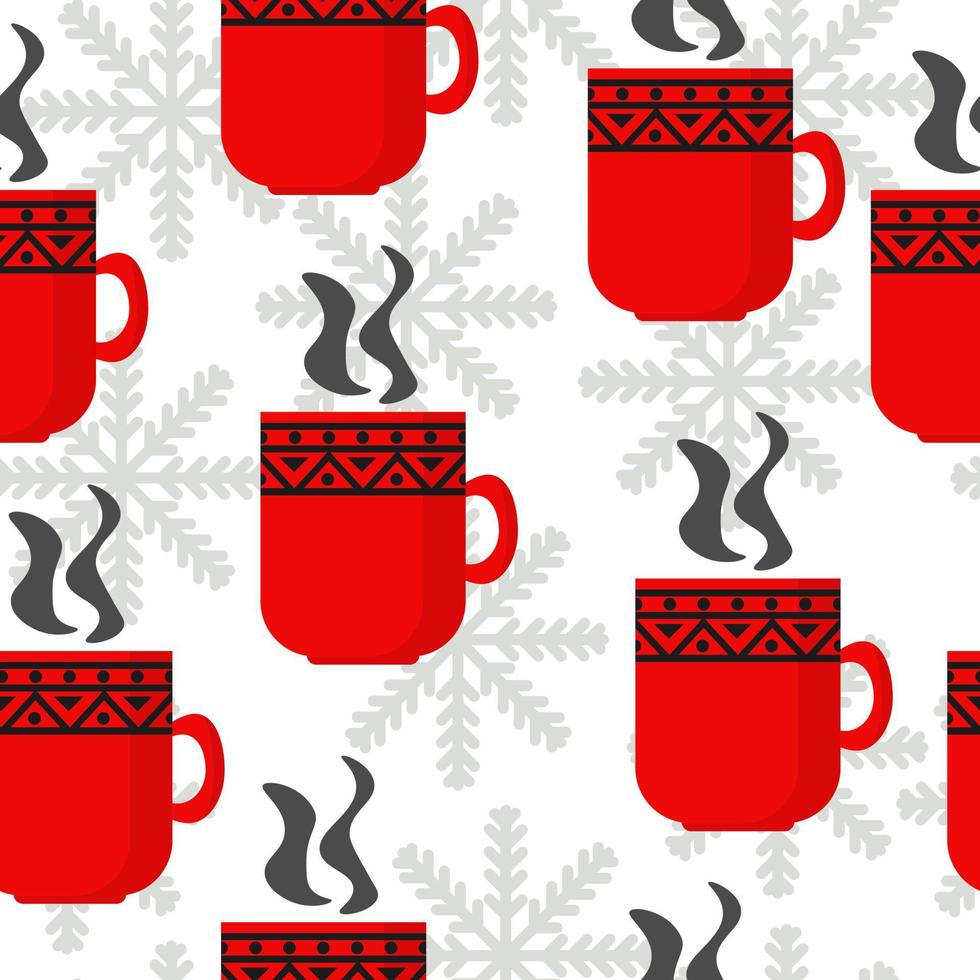 hot drink seamless pattern, cozy red mug and snowflakes on white background vector