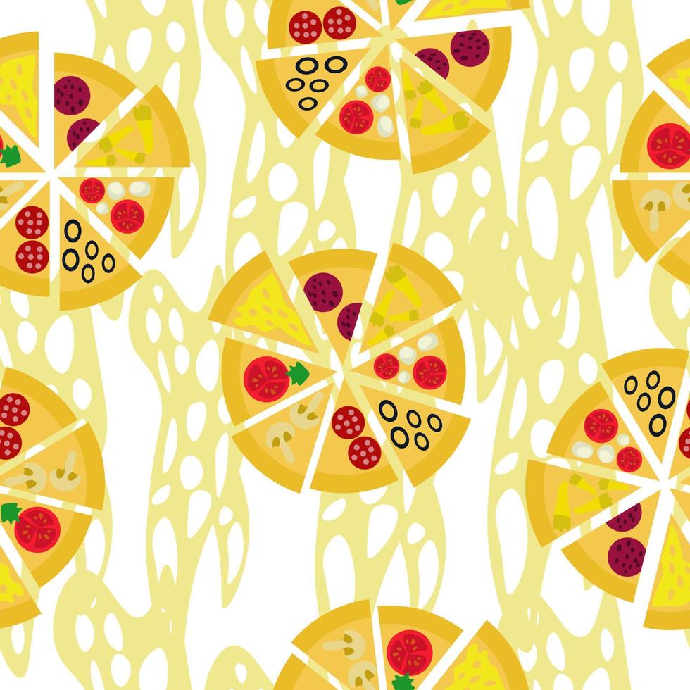 pizza with different fillings and cheese seamless pattern, set of pizza slices on white background vector