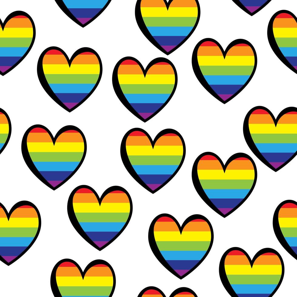Rainbow hearts with black outline seamless pattern, bright symbols on a white background vector