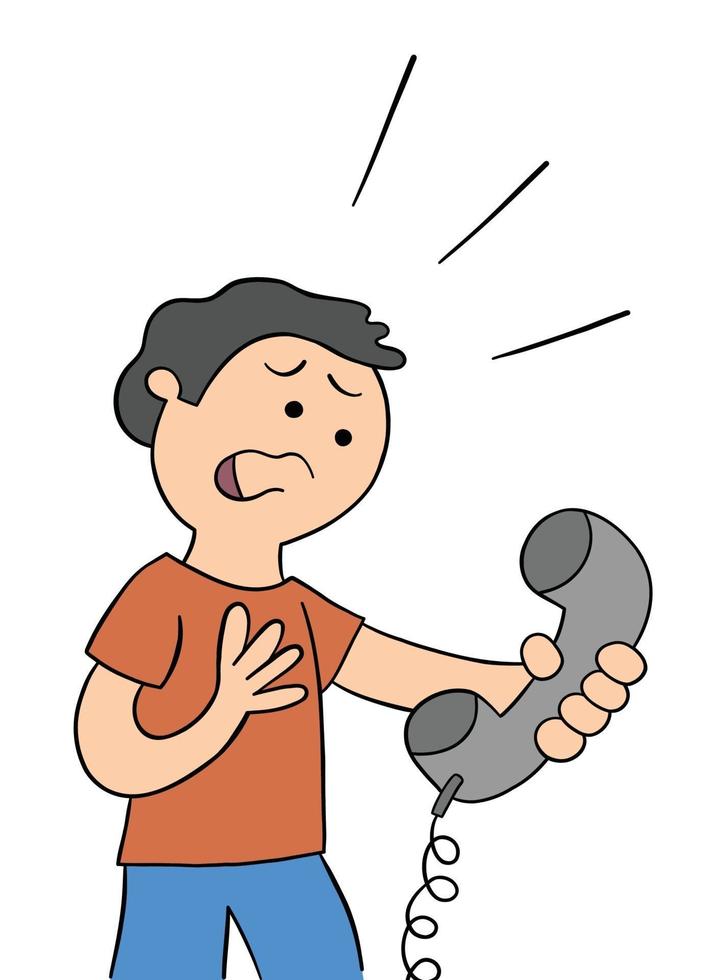 Cartoon man holding phone and scared, vector illustration