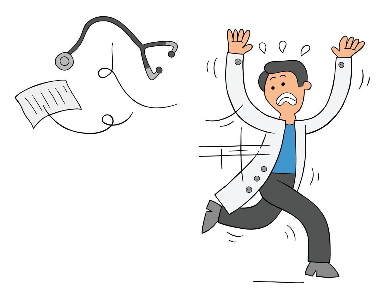 Cartoon doctor or vet is scared, throws stethoscope and papers and runs away, vector illustration