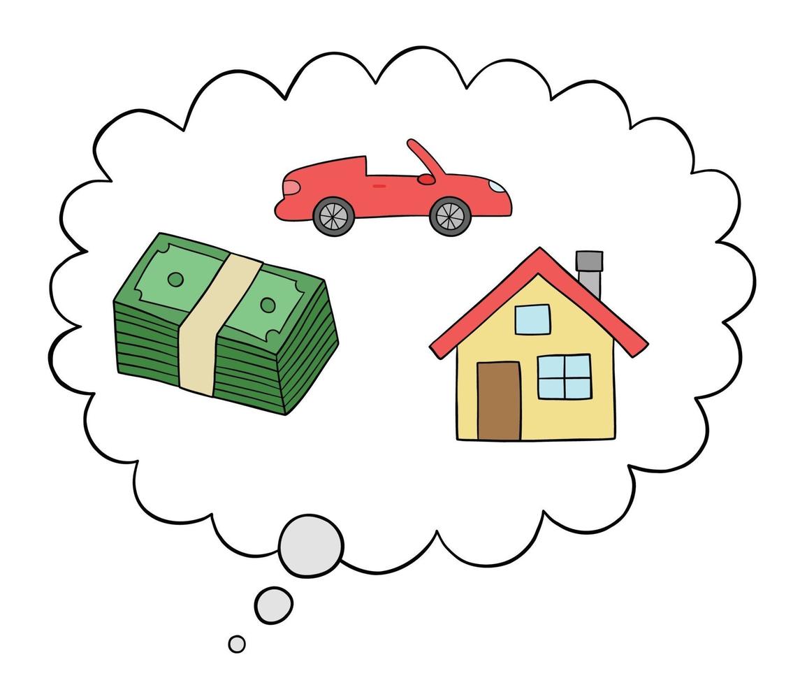 Cartoon man dreams of money, house and luxury car, vector illustration