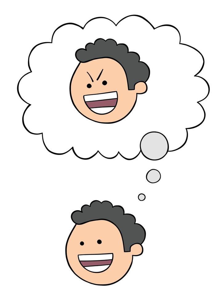 Cartoon man appears to be a happy, good person, but malicious and sneaky, vector illustration