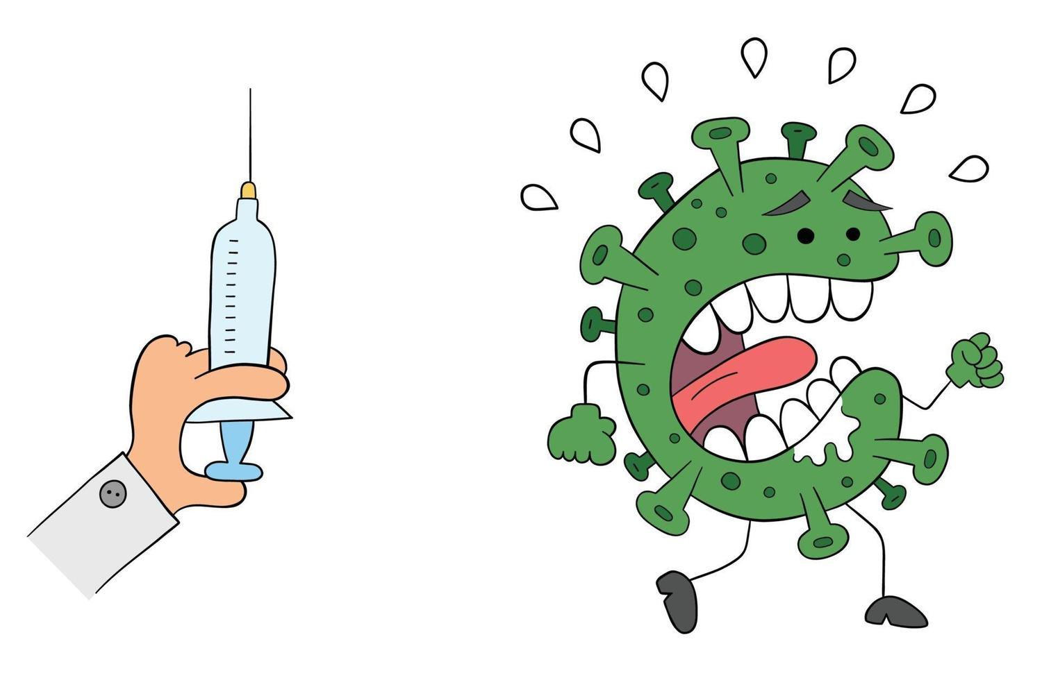 médico de dibujos animados sostiene una vacuna o una aguja y el virus se  escapa con miedo, ilustración vectorial 3692257 Vector en Vecteezy