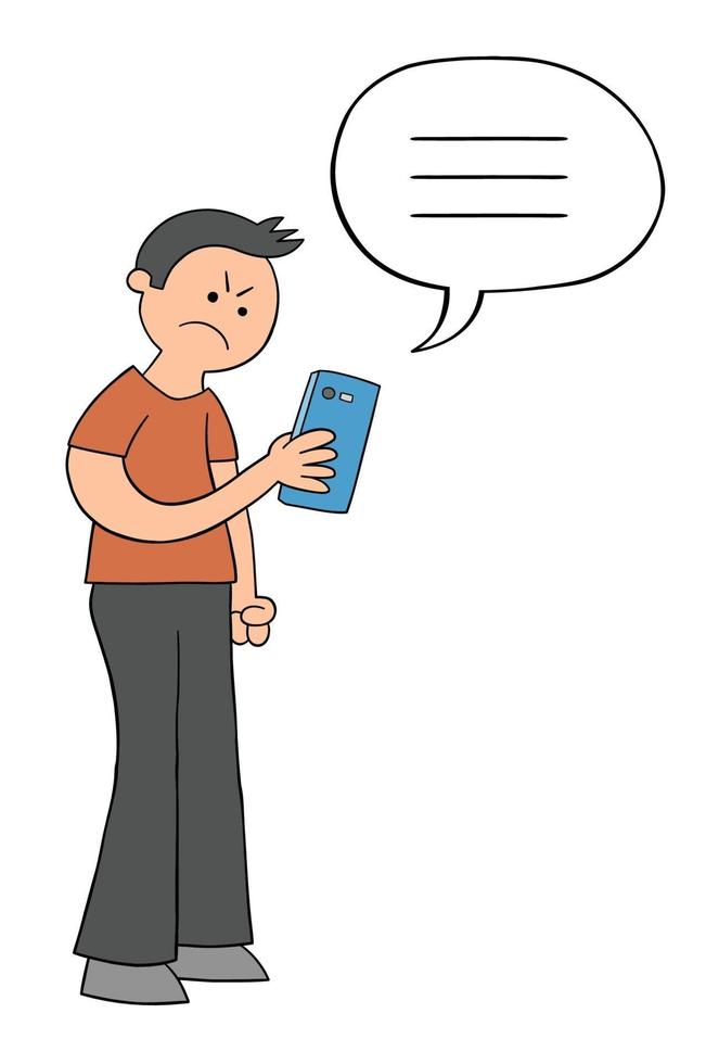 Cartoon man texting on smartphone and angry, vector illustration