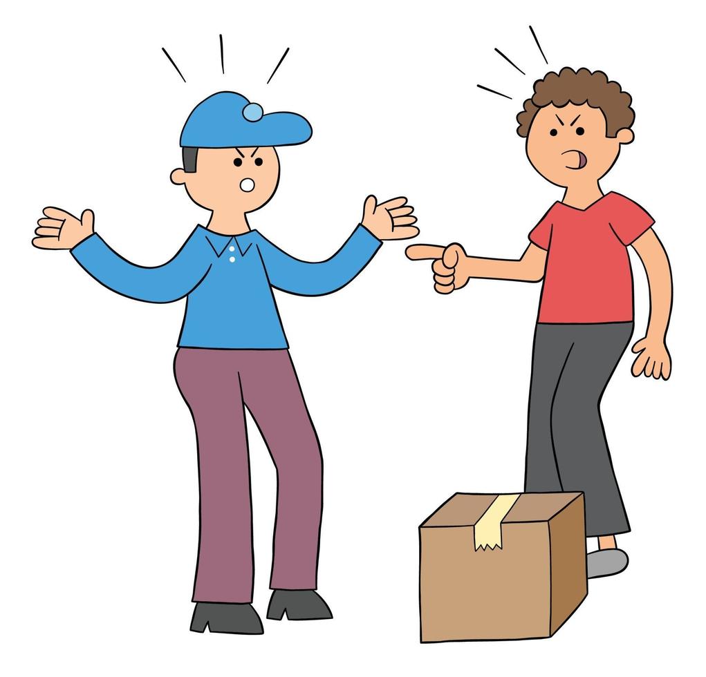 Cartoon courier brings parcel, discusses with customer, vector illustration