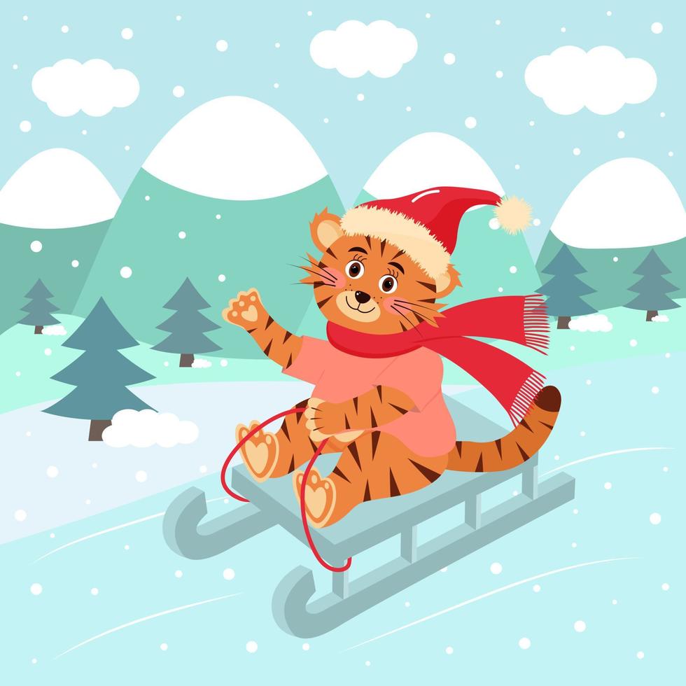 Cute tiger in hat and scarf is sledding. vector