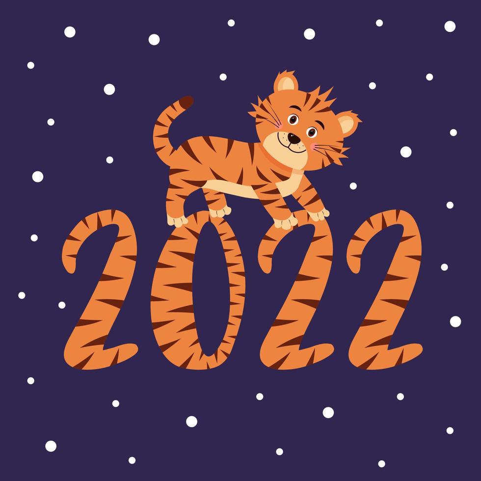 New year 2022 striped numbers with cute walking tiger. vector