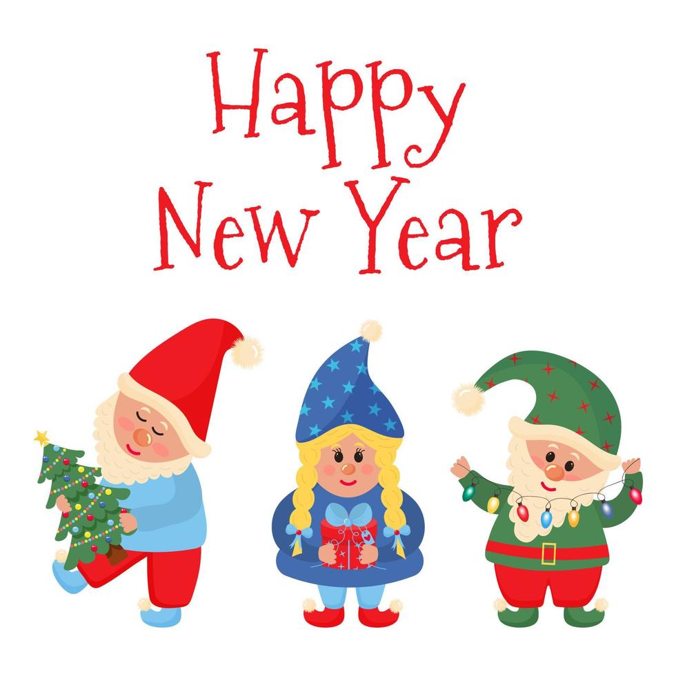 Christmas Gnomes with Happy New year lettering. vector