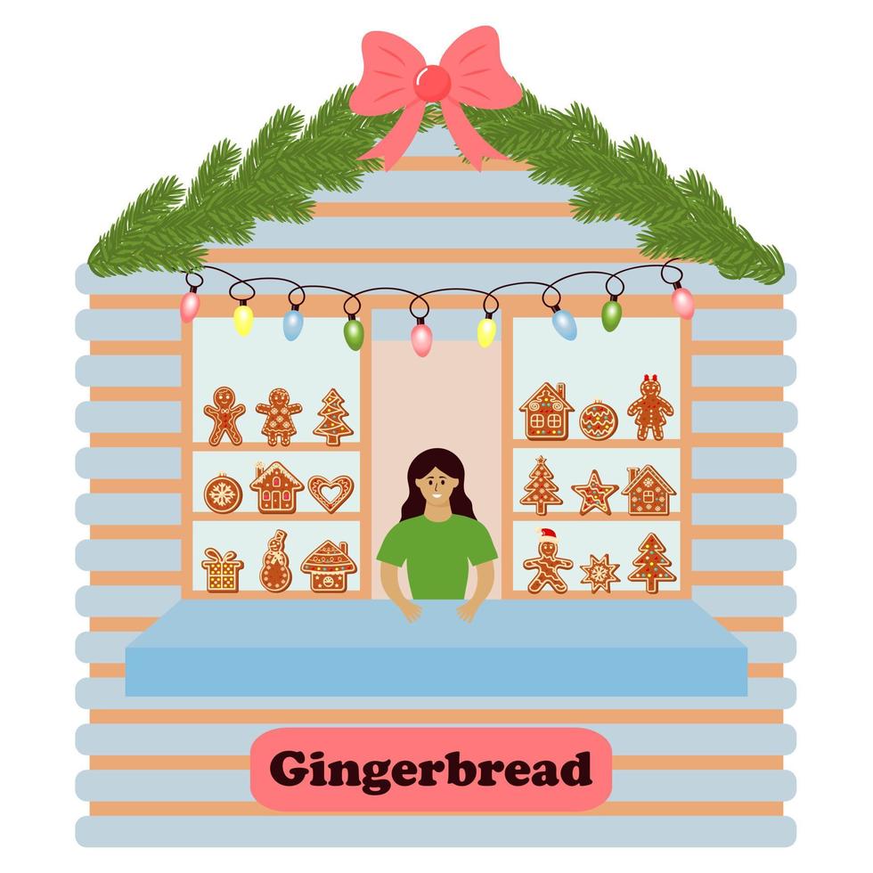 Stall counter with gingerbreads for Christmas and New Year. vector