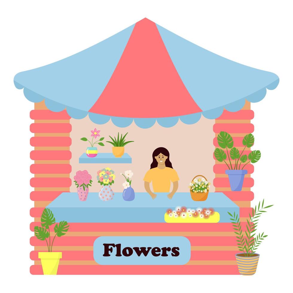 Market counter selling flowers in vases and houseplants in pots. vector